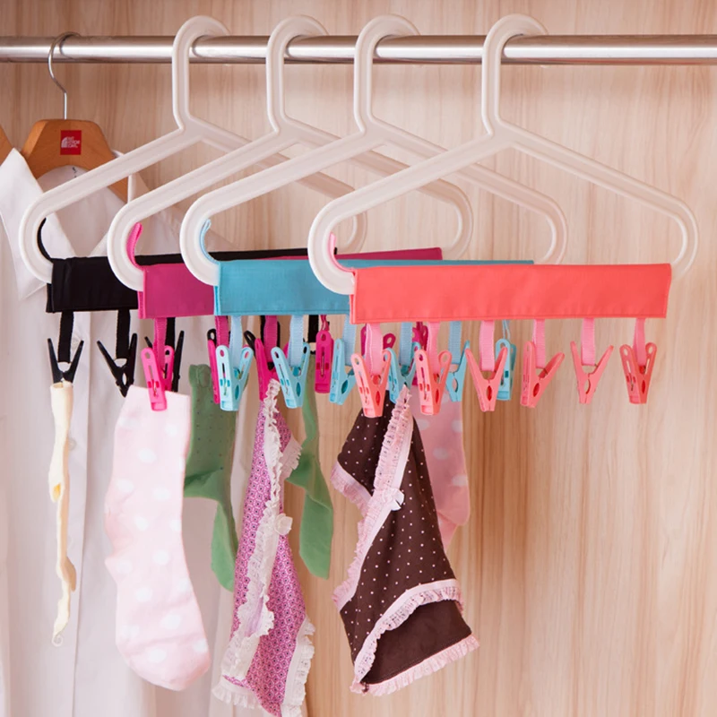 Foldable Clothes Hanger with 6 Clips, Multifunction Clothes Rack, Socks Drying Racks, Travel Supplies, 1PC