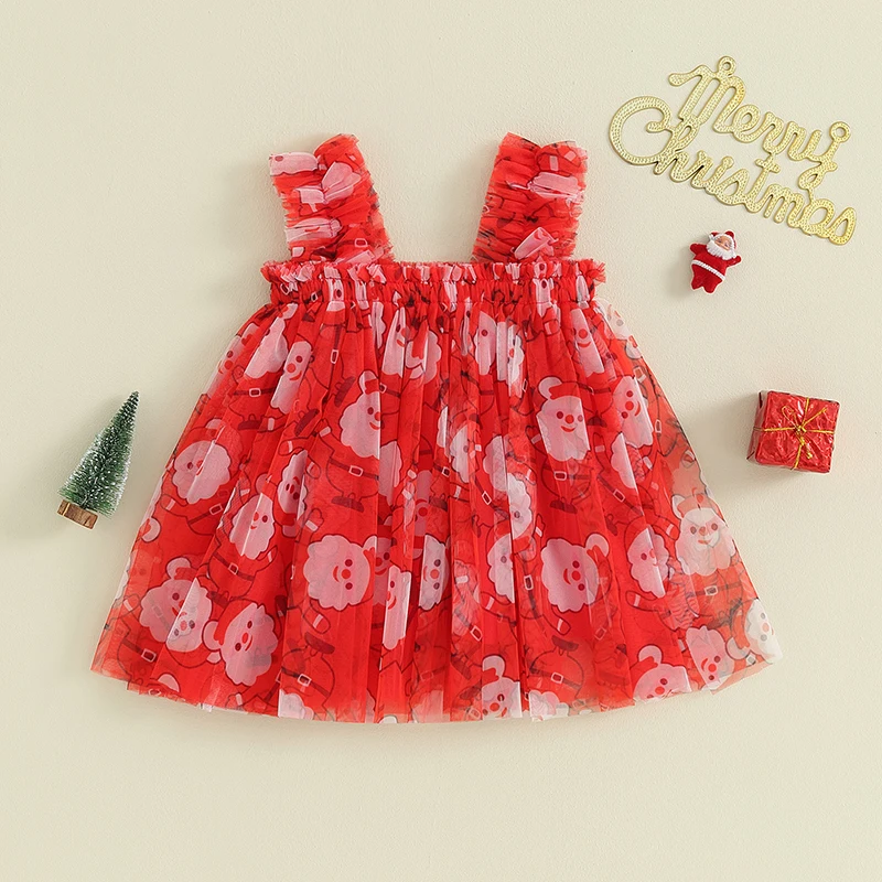 Women s Sleeveless Christmas Costume Dress with Santa Claus and Snowman Print A-line Tulle Slip Dress for Holiday Party