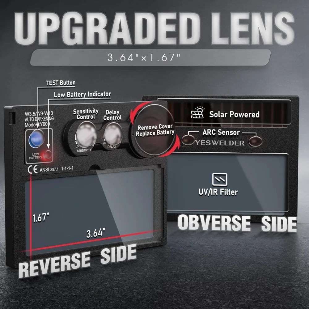 자동 차광 용접 헬멧, 블루라이트 차단, 태양광 충전, 넓은 차광율 3.5/9-13, TIG MIG ARC 및 그라인딩용