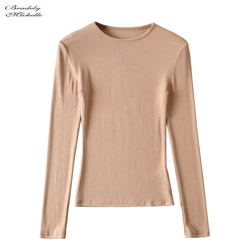 BRADELY MICHELLE Women Clothing Tops Fit Casual Basic Elastic Cotton Solid O-neck Full Sleeve T-shirt