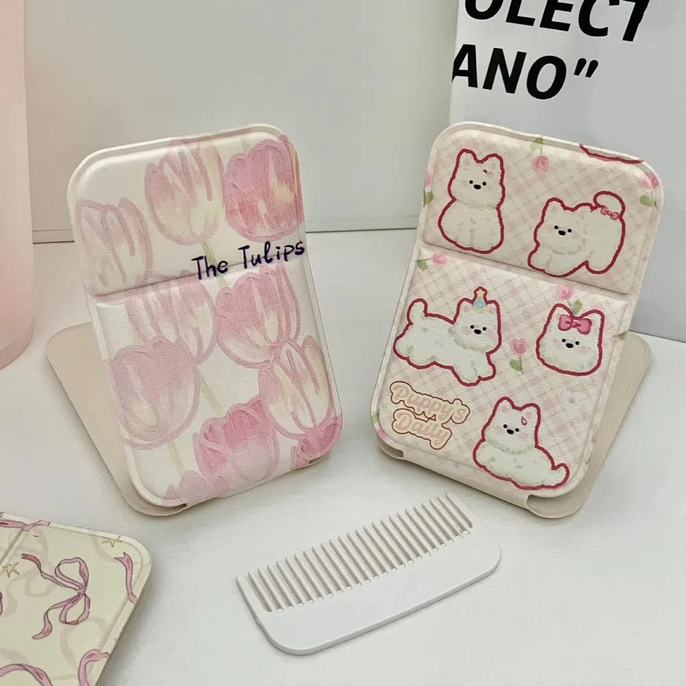 

PU Leather Cute Desktop Stand Mirror Tulip Flower Bowknot Dog Cat Fold Makeup Mirror Light Weight Folding Vanity Mirror Bedroom