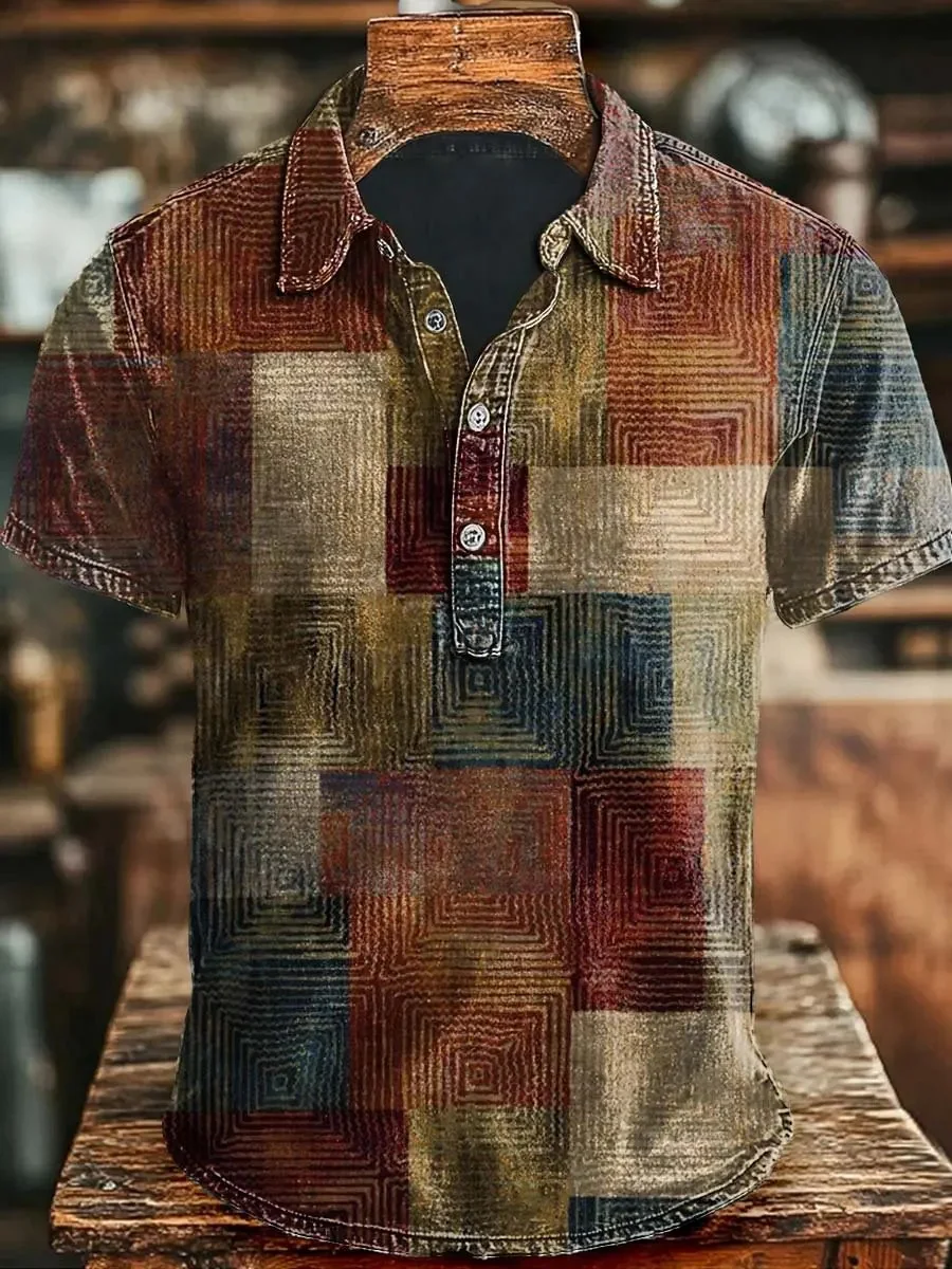 New retro vertical plant 3D printed pattern men's POLO short sleeved dark green distressed collar casual shirt