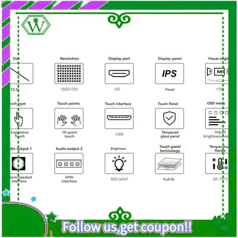 

Надежный для Raspberry Pi 12,3-дюймовый сенсорный ЖК-экран 1920 × 720 Поддержка Jetson Nano/мини-ПК/Tinker Board 2