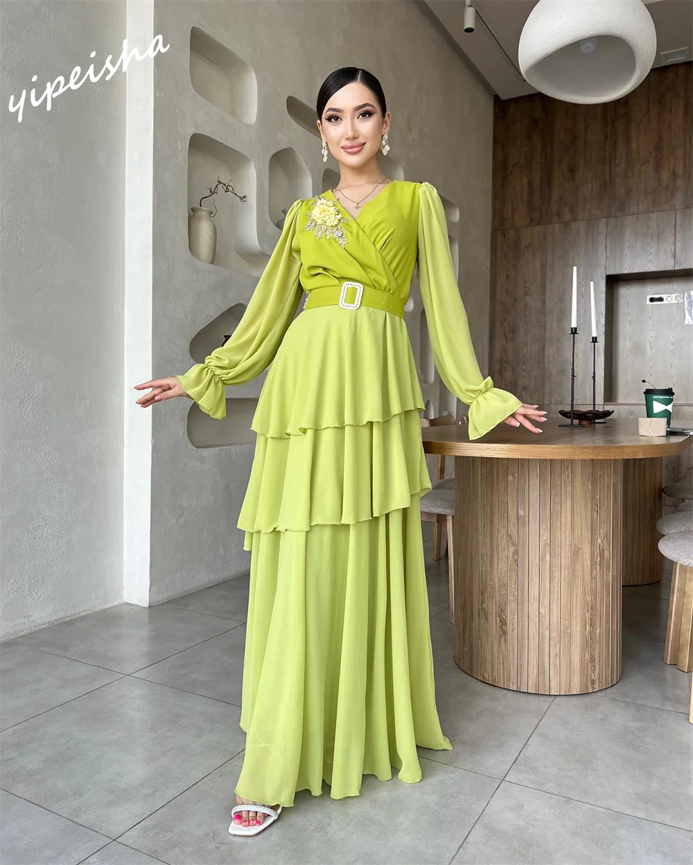 Yipeisha gaun Prom elegan V-neck panjang bentuk A gaun pesta panjang lantai gaun kustom sifon berlian buatan bunga