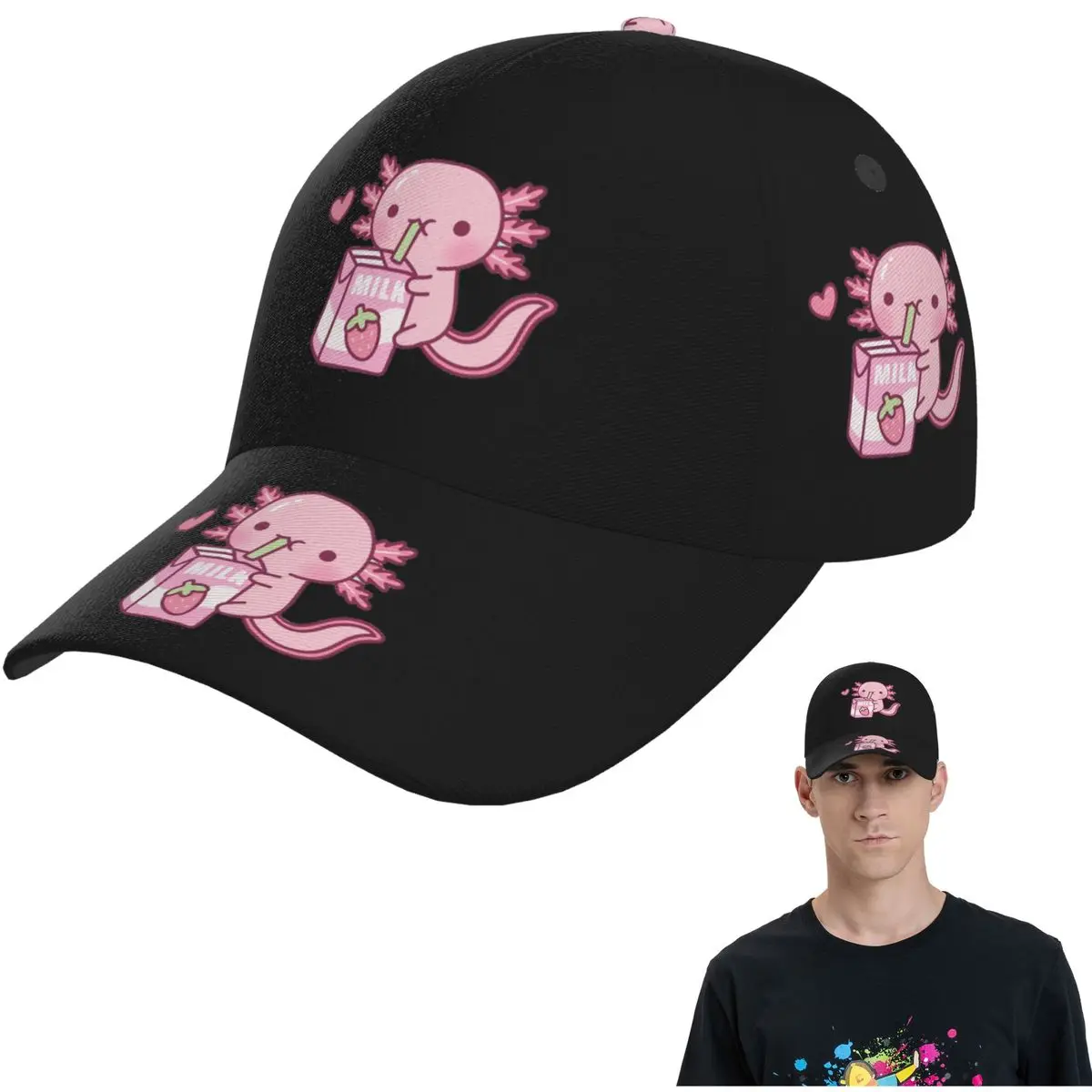 

Симпатичные бейсболки Axolotl Loves Strawberry Milk Doodle, сетчатые бейсболки Snapback, модные бейсболки, дышащие повседневные кепки унисекс