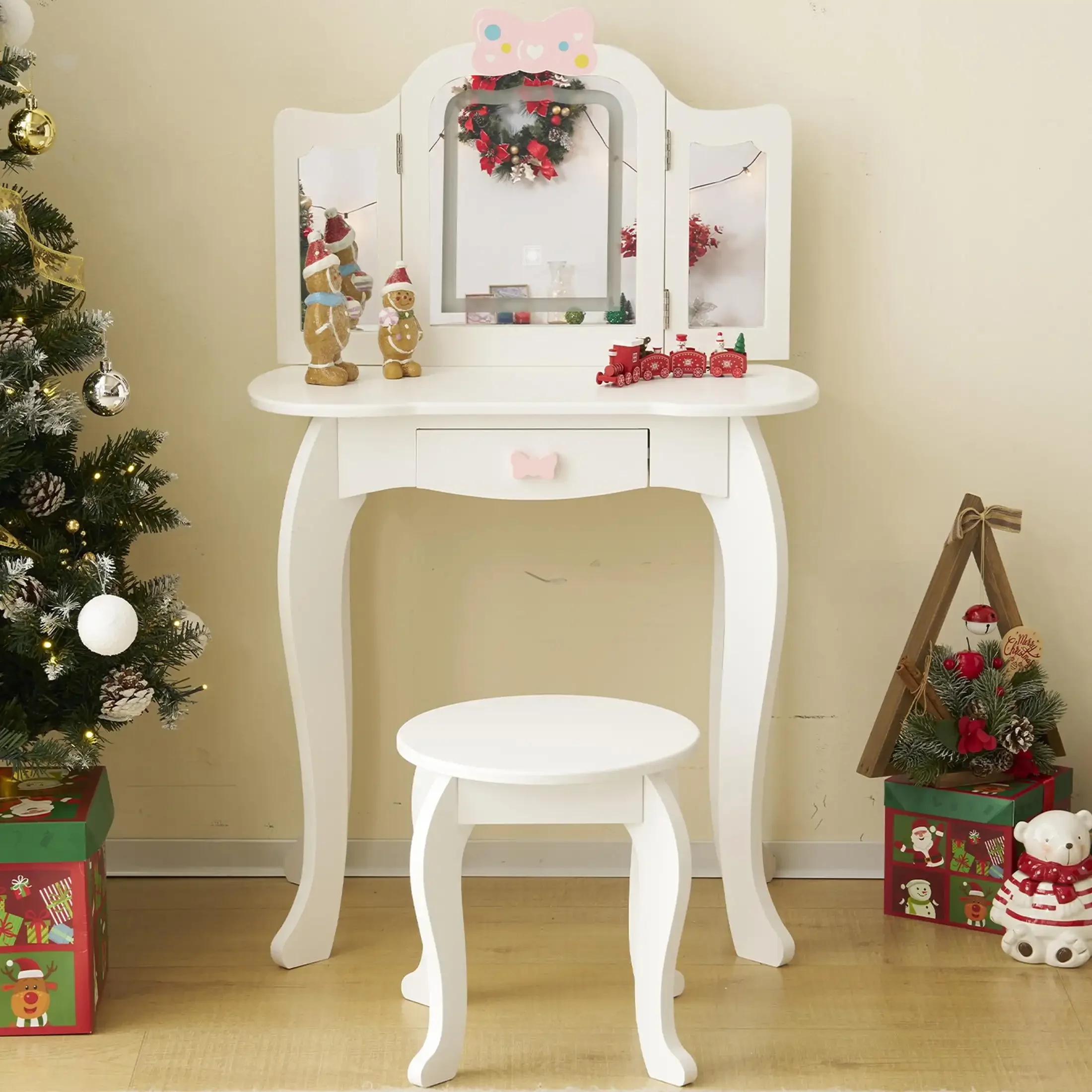 

Vanity Sets with 3-Color LED Lights, Vanity Play Set with a Drawer, Dressing Table Dresser Wooden Toy Makeup Vanity Table
