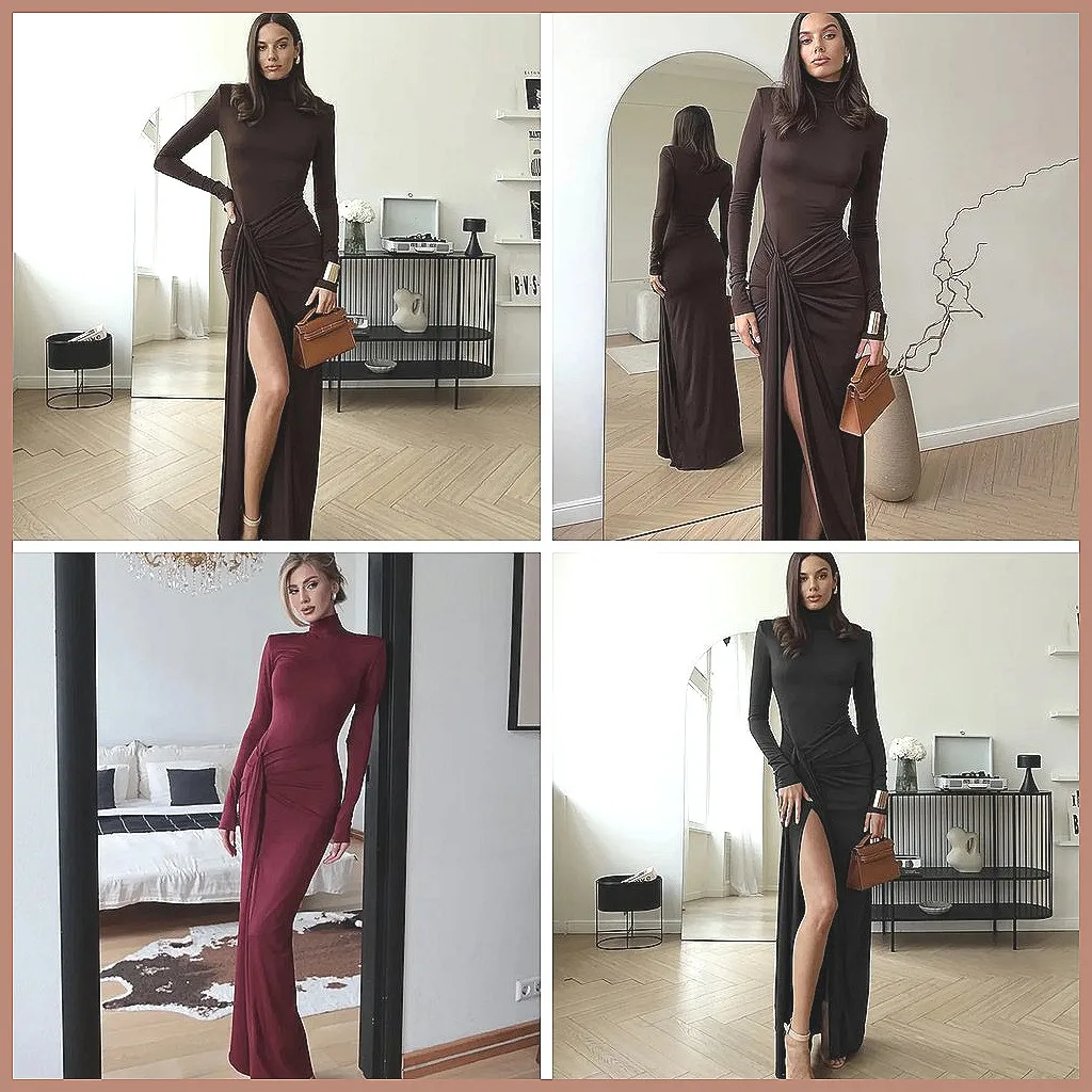 

Sexy Black Turtleneck Bodycon Dress with High Slit & Straps, Elegant Party Long Dress for Women