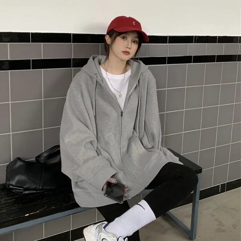 

Women Simple Loose Casual Solid Color Hoodies Black Grey Vintage Oversize Sweatshirts Spring Autumn Sport Jackets Korean Fashion