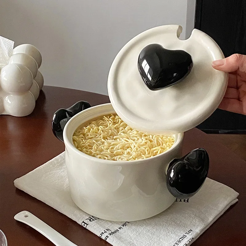 love ceramic binaural instant noodle bowl with cover student dormitory household high value cute wind instant noodle bowl