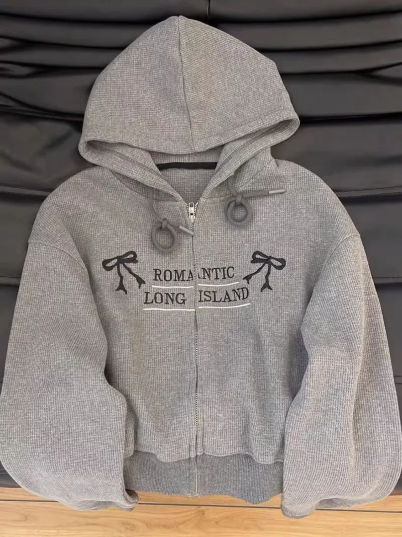 

Hooded Letter Bow Print Gray Long Sleeve Coats Zipper Lazy American Women Y2k Preppy Style Sweet Korean Sweatshirts
