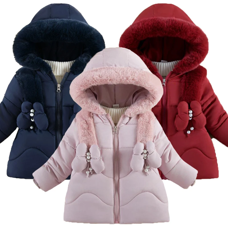 

1-4 Years Baby Girls Jacket Winter New Solid Color Cute Butterfly Decoration Lining Plush Warm Hooded Zipper Down Cotton Outwear