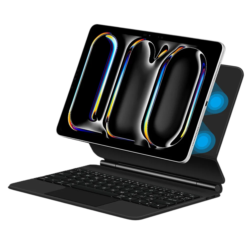 For iPad Pro 11 (2025) / 11 (2024) Magnetic Floating Bluetooth-Compatible Keyboard (Spanish) + Leather Tablet Case - Black