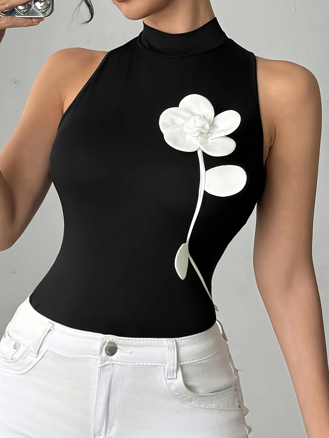 Women's High Neck Halter Bodysuit 3D White Flower Applique Sleeveless Slim Fit Black Top