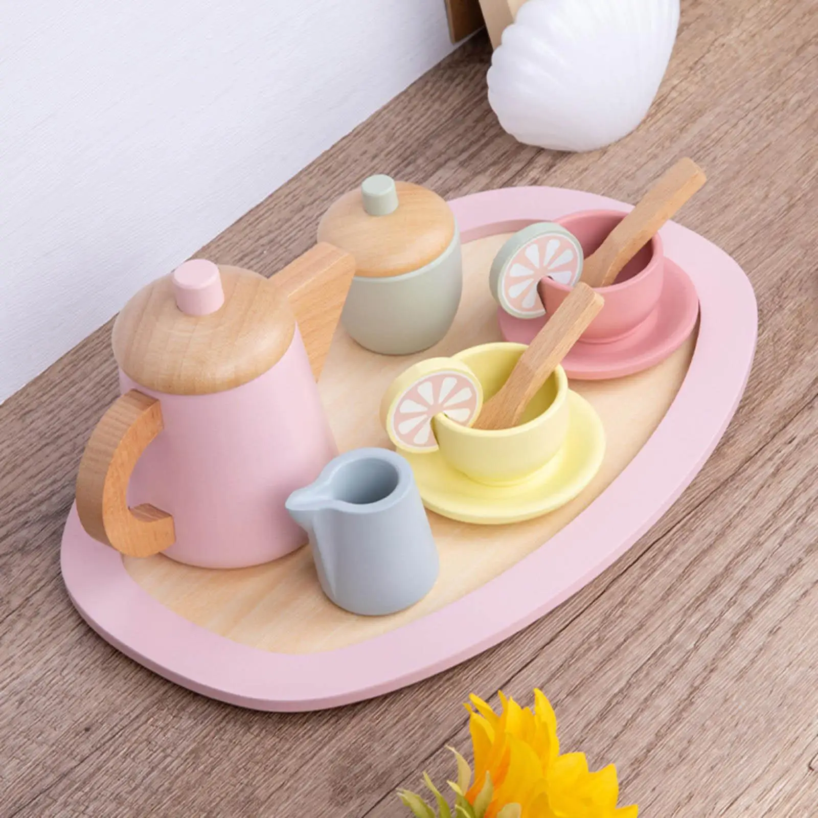 Wooden Tea Set Cup Saucers Spoons Tray Pretend Tableware Set for Party Favors Children Boy Girl Toddlers Preschool