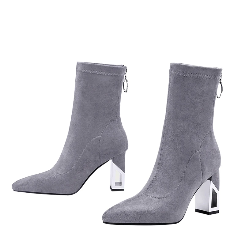 

Plush women's elastic mid-heel boots short autumn and winter shoes pointed toe 2022 large size