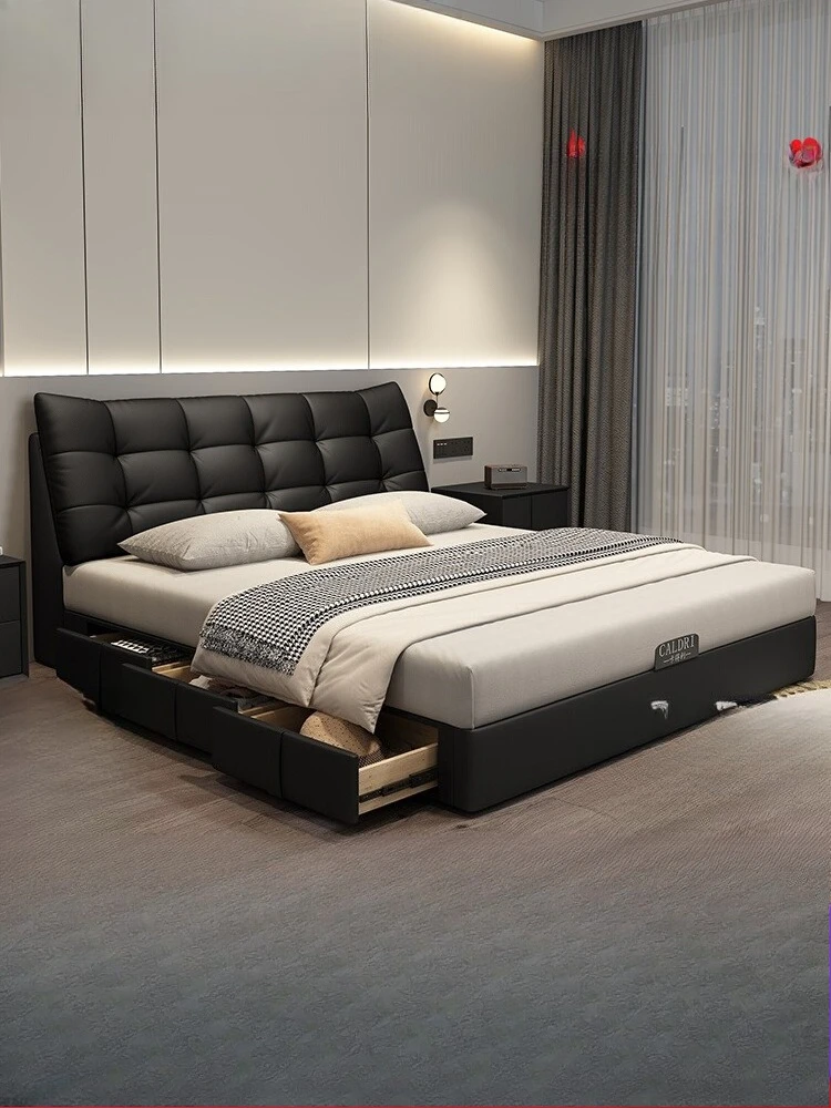 Big black bear black Italian minimalist soft bag leather high box storage double bed large master bedroom high-end atmosphere