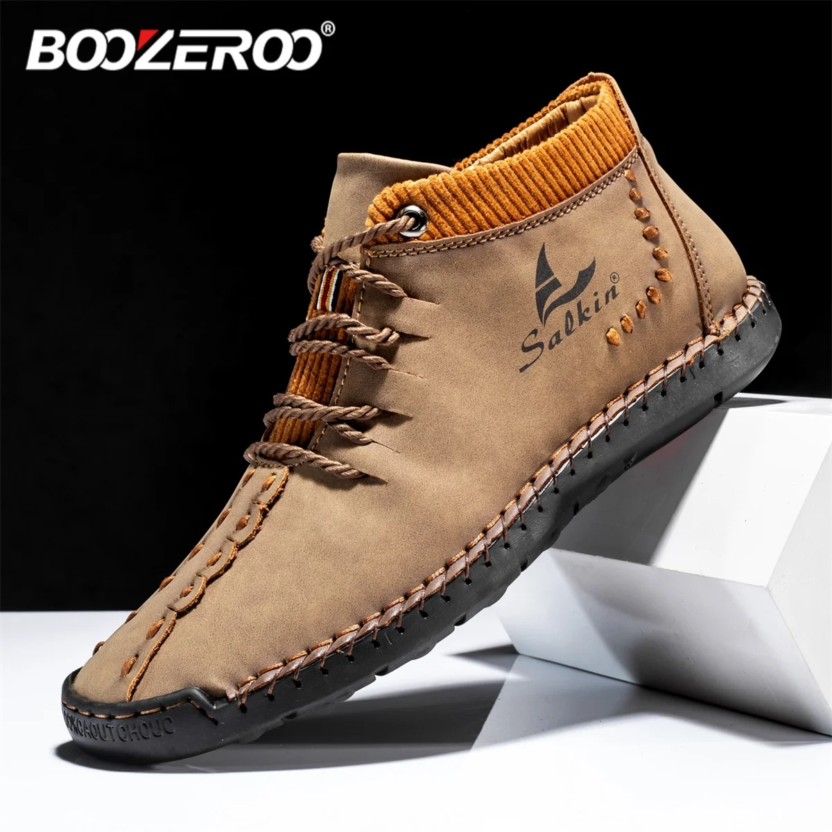 BOOZEROO Handmade Leather Casual Men's Shoes Outdoor Walking Sneaker Comfortable Driving Flats