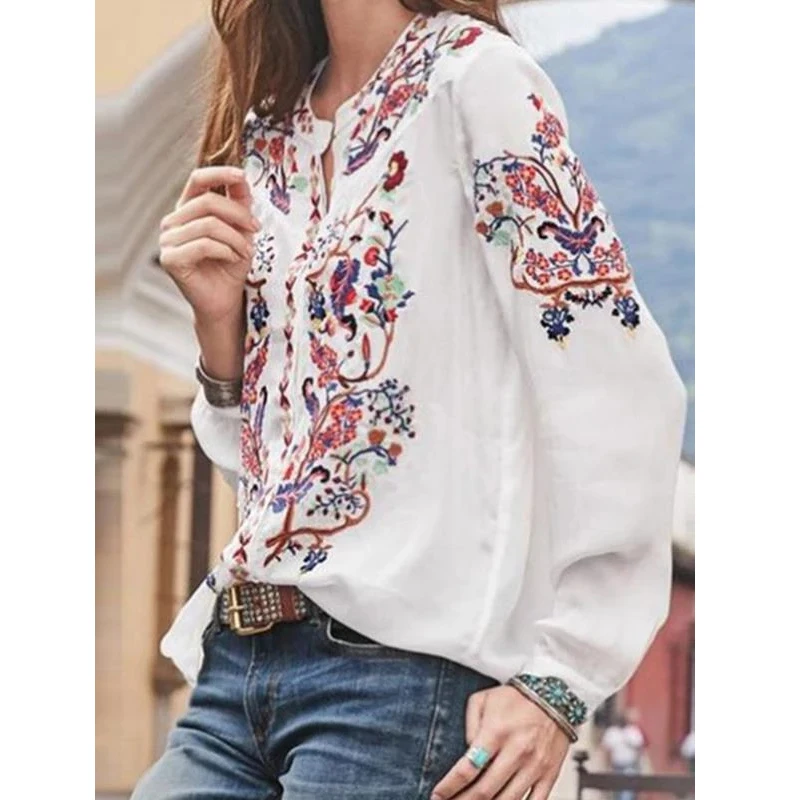 Wholesale Women Lace Blouse Long Sleeve Lovely Floral Printed Shirt Summer Ladies Stand Collar Blouse Woman Tops Femme Chic