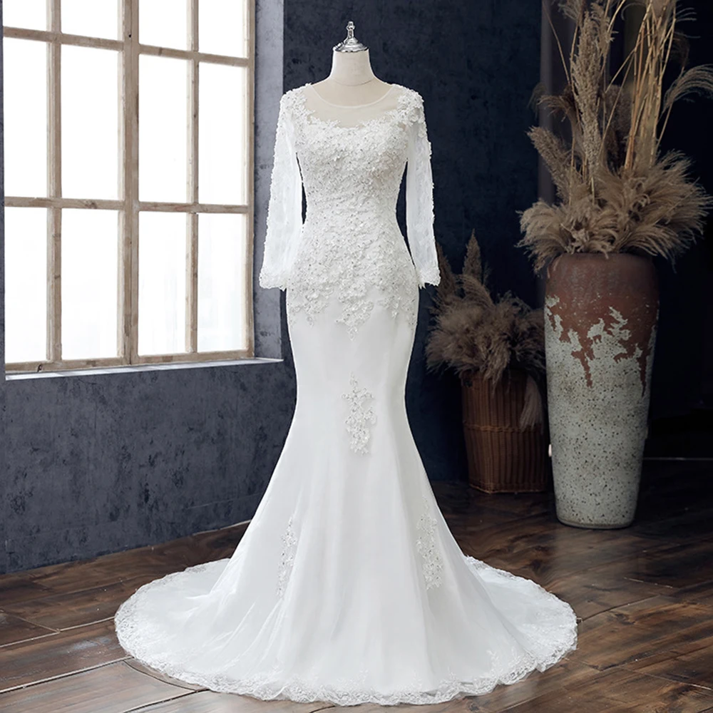 

GUXQD Long Sleeves Mermaid Women Wedding Dresses Scoop Neck Lace Appliques Beading Bridal Gowns robe de mariée Vestido De Noiva