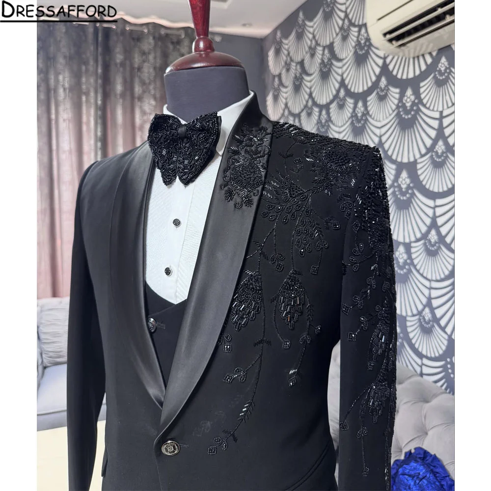 Sparkly Crystals Beaded Suits Men Formal Man Party Single Breasted Jacket Pants 2 Pieces Set Groom Tuxedo Male Fashion Clothing