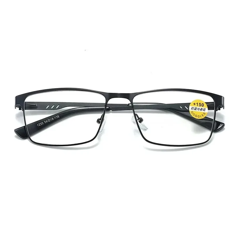 Anti-Blaulicht Metall-Lesebrille mit Federbügeln Geschäftsbrille für Herren Klassische Eckige Hyperopie-Brille – Detail 2