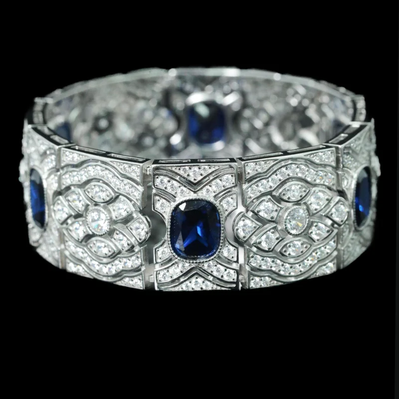 925 silver gold plated bracelet high carbon diamond royal blue pillow cut Artdeco set medieval bracelet