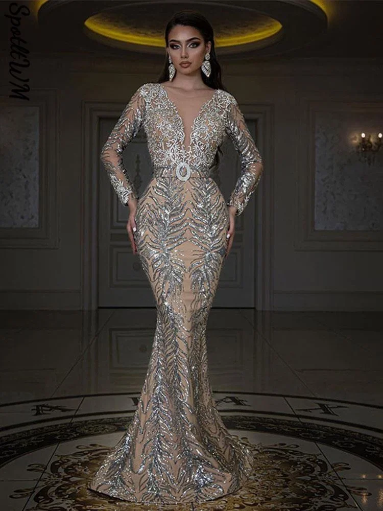 Kobiety solidne luksusowe cekiny wąskie sukienki seksowne kobiety z głębokim dekoltem w serek z długim rękawem obcisła sukienka damska modna elegancka strój klubowy