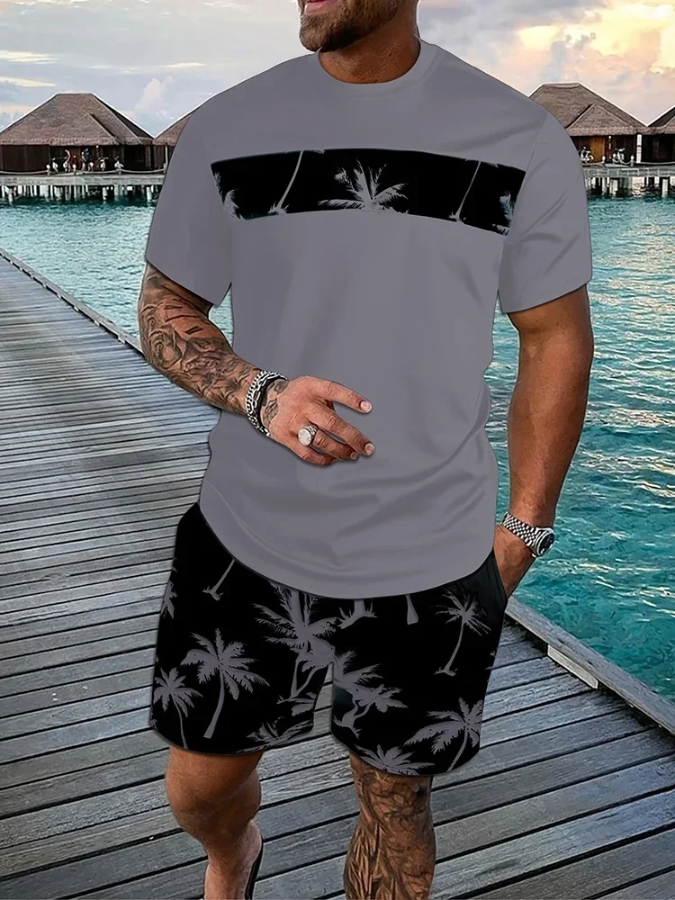 Conjunto de camiseta com gola redonda masculina e calções de cordão, estampado tropical de coqueiro, gráfico manga curta, verão