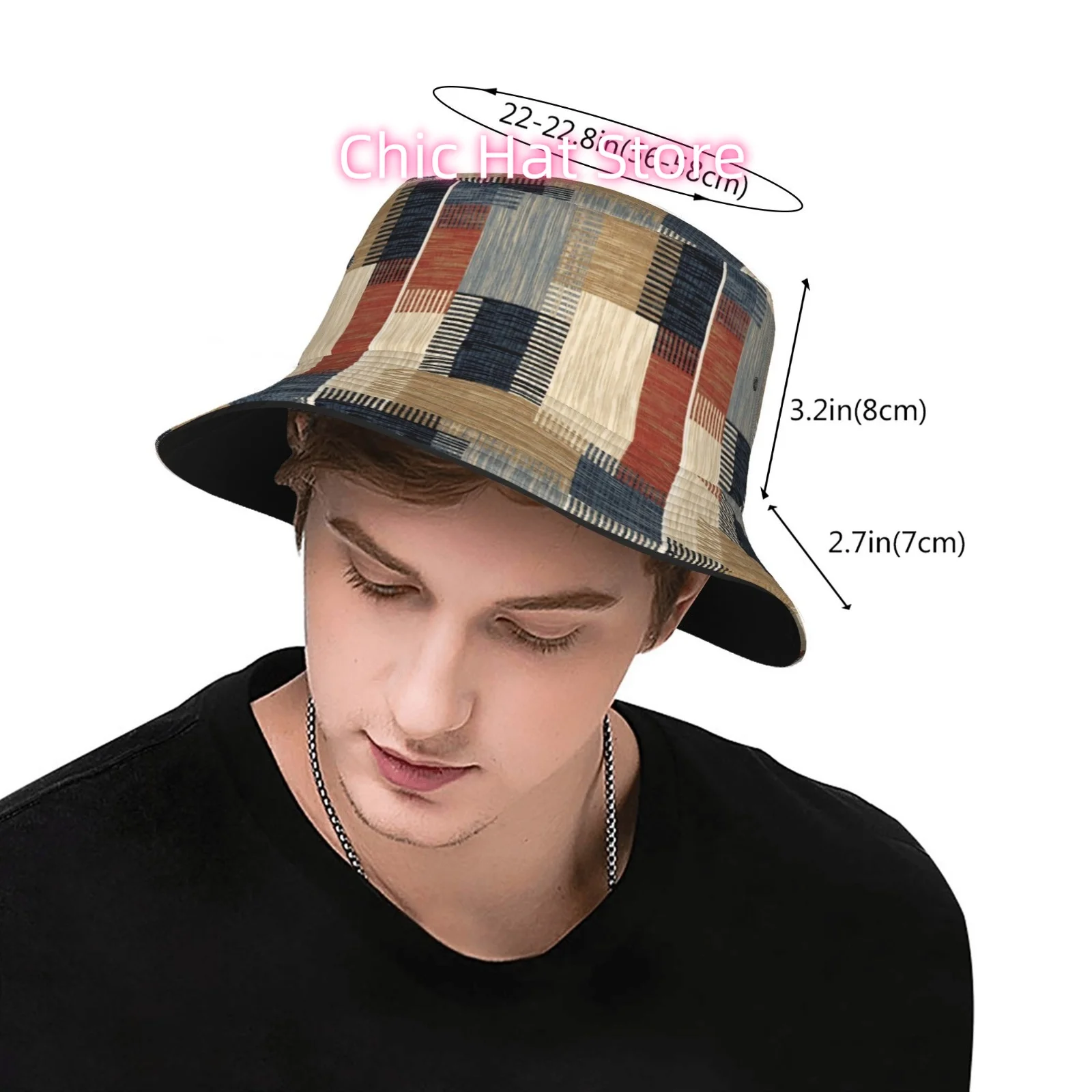 A Fully Printed Fisherman Hat in Cream White, Deep Blue, And Brick Red, Suitable for Both Men And Women, Is an Ideal Fashionable