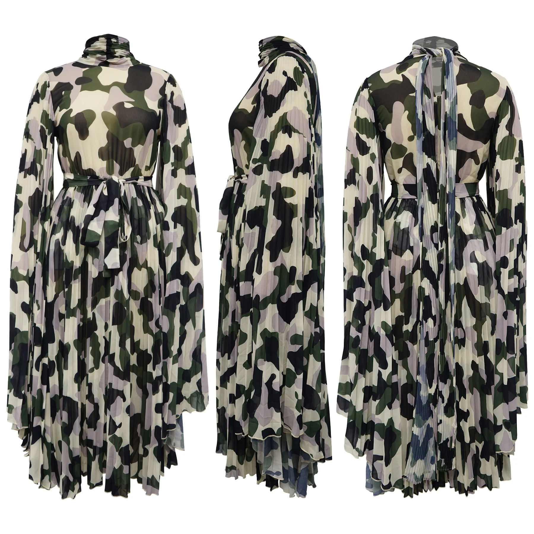 Senhoras africanas e do oriente médio roupas de outono cachecol colarinho vestido solto mulher batwing mangas elegante e chique vestido plissado