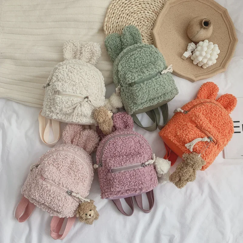 Sac à dos en peluche avec oreilles de lapin pour enfants, sac d'école maternelle, sac à dos d'hiver chaud, sac de voyage en plein air pour garçons et filles, mignon, sourire, tout-petit