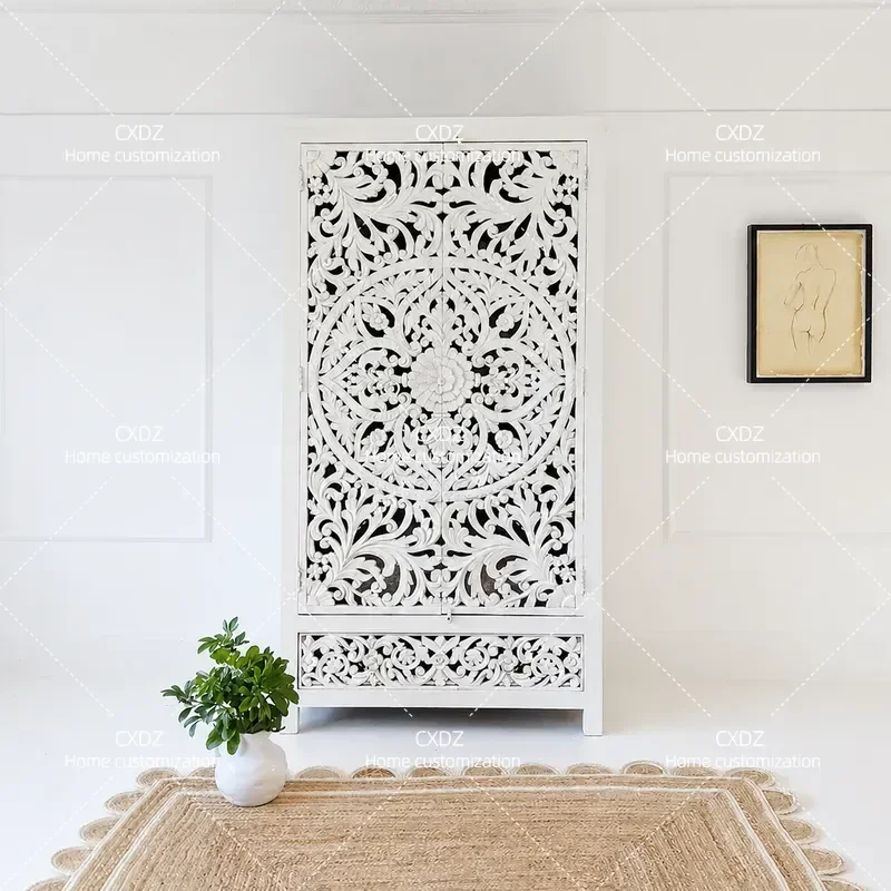 Retro Solid Wood Wardrobe Hand Carved Antique White Bedroom Storage Cabinet Home Furniture Locker