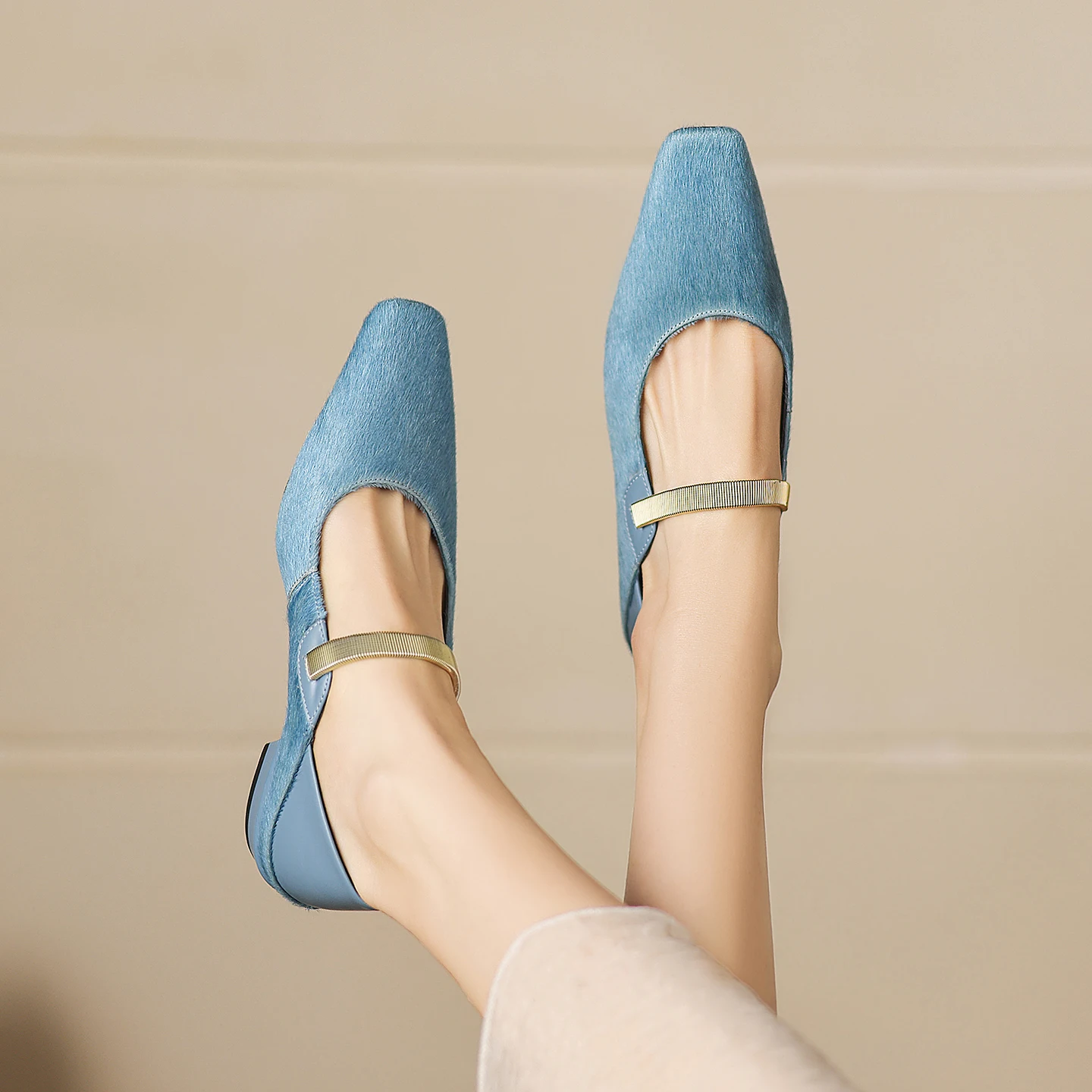 Genuine Leather Horsehair Square toe Women High Heels, Fashion Heeled Sandals,Elegant Women pumps,Classic Womens Shoes