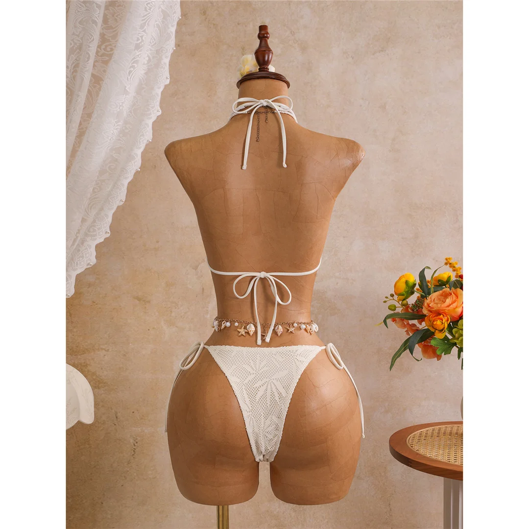Mit Sarong-Blättern bedruckter Neckholder-Bikini, Damen-Badeanzug, dreiteiliges Bikini-Set, Badebekleidung, Badeanzug, Schwimmanzug V8367 – Detail 18