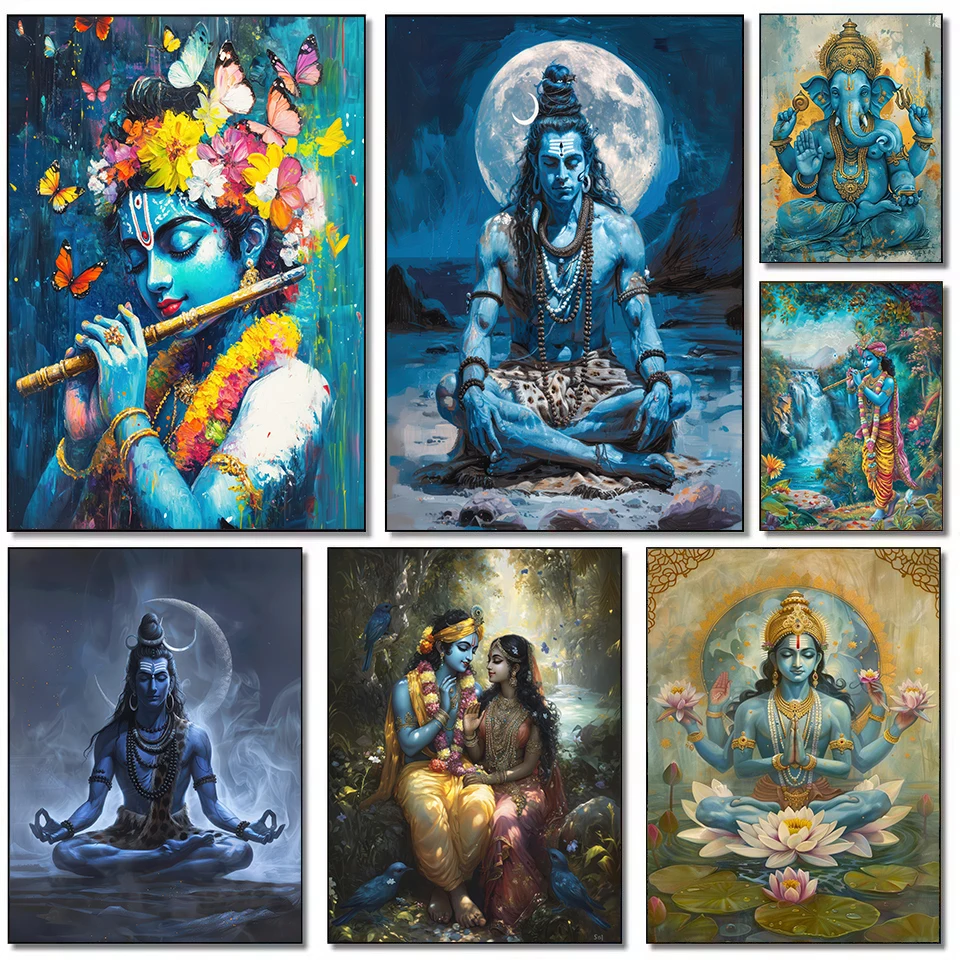 Hindu God Lord Krishna,Shiva,Ganesha Meditation Indian Traditional Artwork Poster Canvas Painting Wall Pictures Home Decor Gift