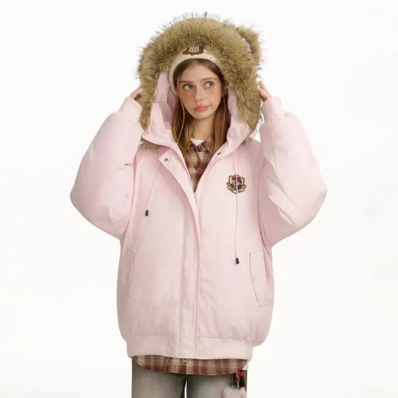 

Hooded Big Fur Collar Men and Women's Couple Assault Suit 2025 Thick Warm Cotton Jacket Short Workwear Parkas Female Clothing