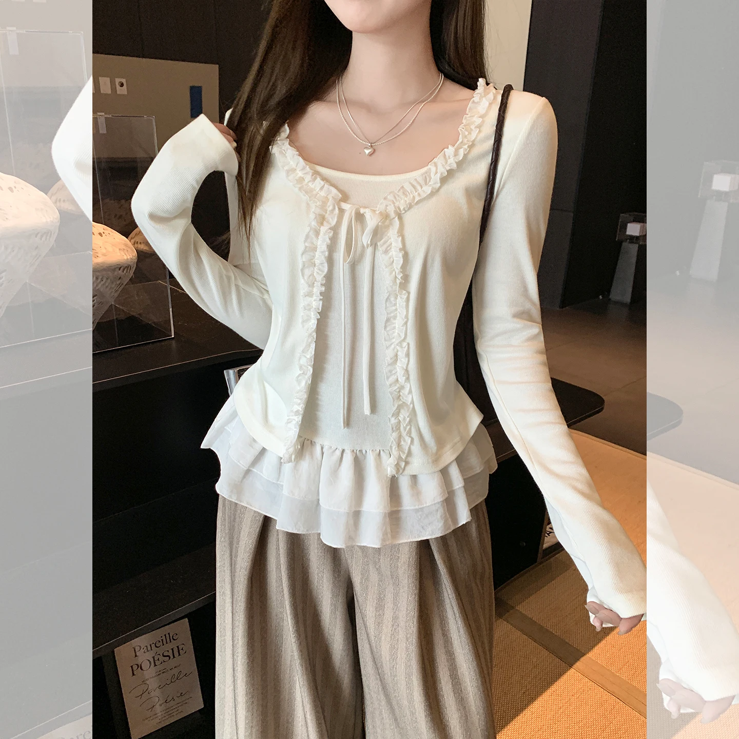 

Сладкий и пряный дизайн из двух частей, футболка с длинными рукавами, женский осенний топ на шнуровке в новом стиле