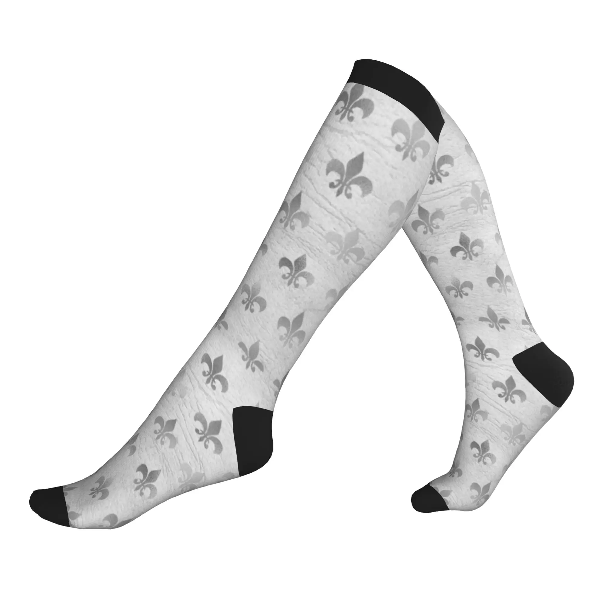 Chaussettes de compression sportives unisexes en cuir blanc argenté motif fleur de lys pour homme, chaussettes habillées imprimées 3D motif fleur de lys mignonnes