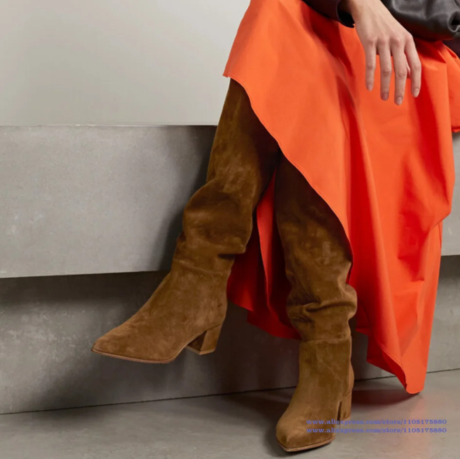 Women Brown Suede Knee High Boots Pointed Toe Block Heel Slouchy Wide Shaft Slip-On Fold Tall Boots for Fall Winter New In Boots