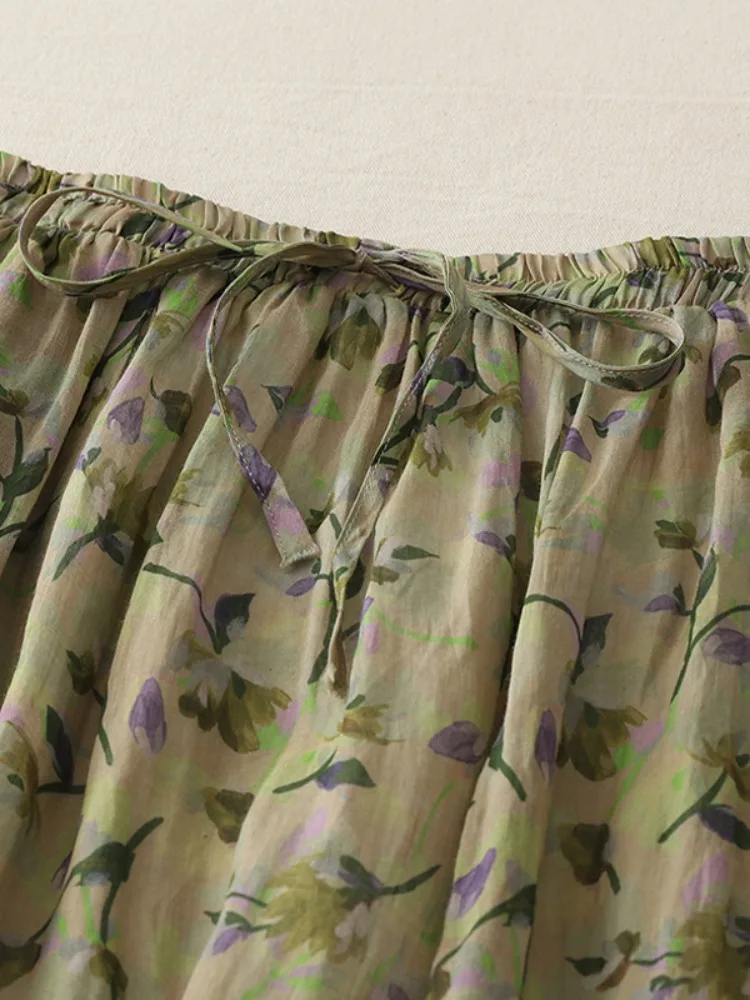 Retro bloemenprint linnen f rok dames zomer lichtgewicht ademend hoge taille gedrapeerde afslankende dubbellaagse a-lijn rok