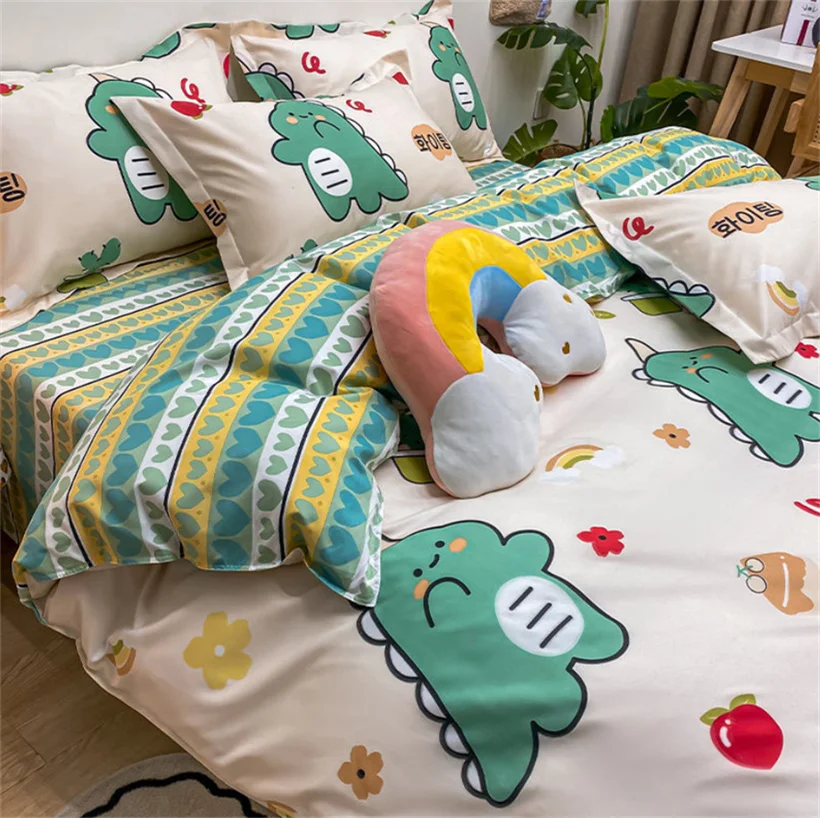 Juego de ropa de cama sin relleno para niños, funda nórdica de dibujos animados Kawaii, Sábana plana, funda de almohada, ropa de cama suave,