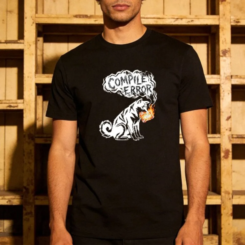 Compile Error Funny Fire Dog Programmer Meme Tech Humor Casual Cotton Short Sleeve Crew Neck Daily Basic Graphic T-Shirt