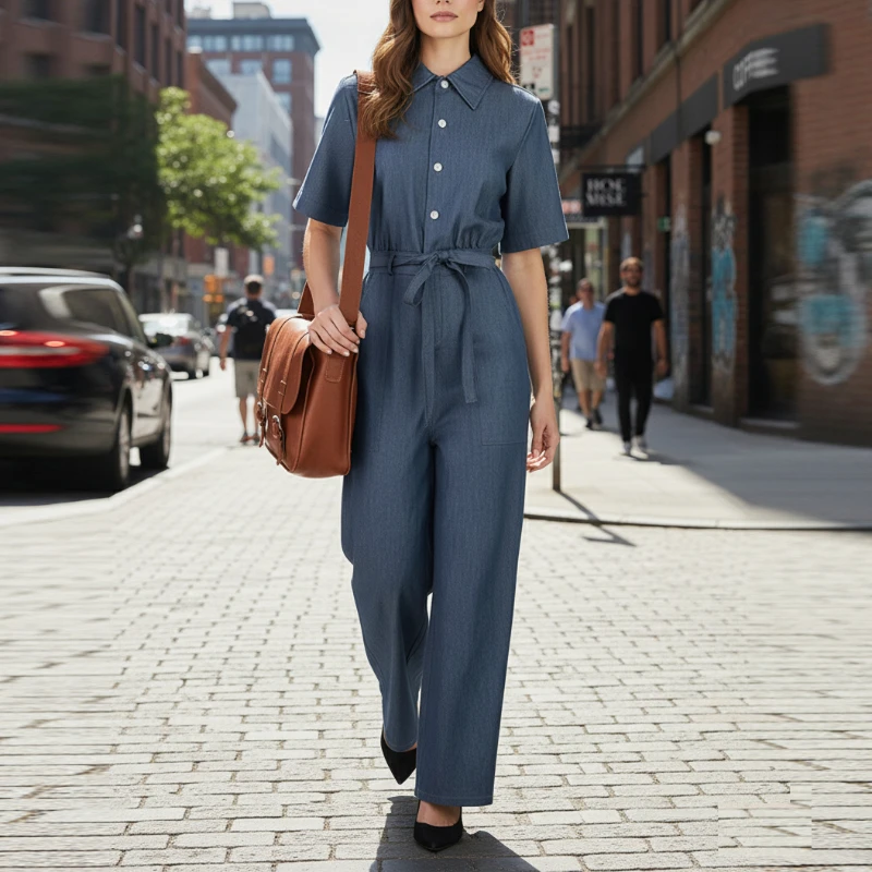 

Новинка 2026: Женский офисный комбинезон с широкими штанинами, однотонный, с короткими рукавами, на завязках, модный повседневный, с отложным воротником