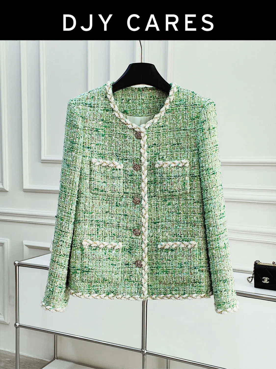 New Fresh green, white round neck texture, floral woolen slimming jacket big size