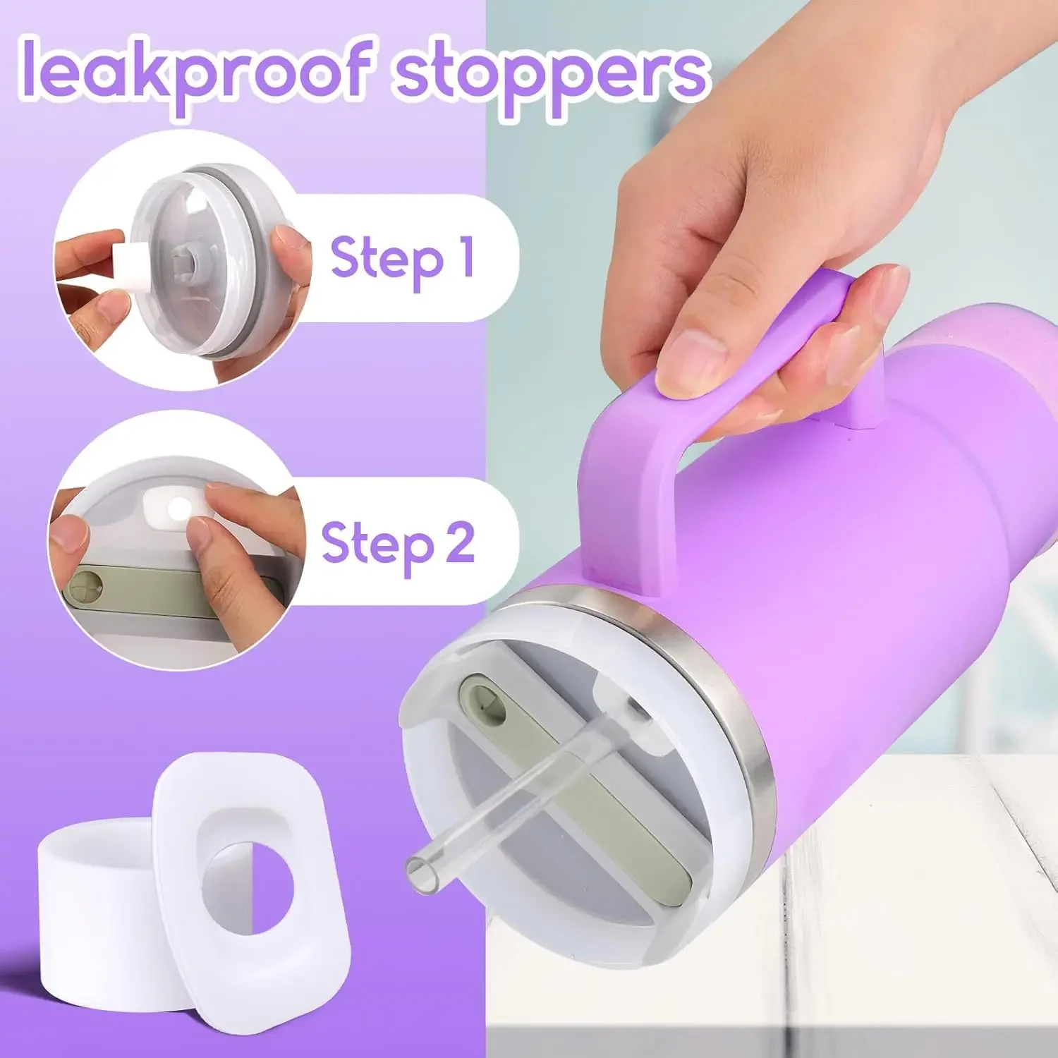 Conjunto de 8 Acessórios para Copo Roxo de 30oz e 40oz: Tampa de Silicone para Canudo, Protetor de Base, Alça, Pingente e Adesivo de Iniciais