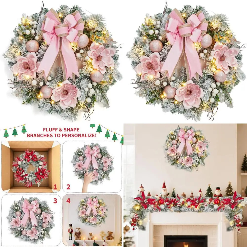 

24-светодиодный рождественский венок на батарейках с цветами и украшениями для праздничного домашнего декора