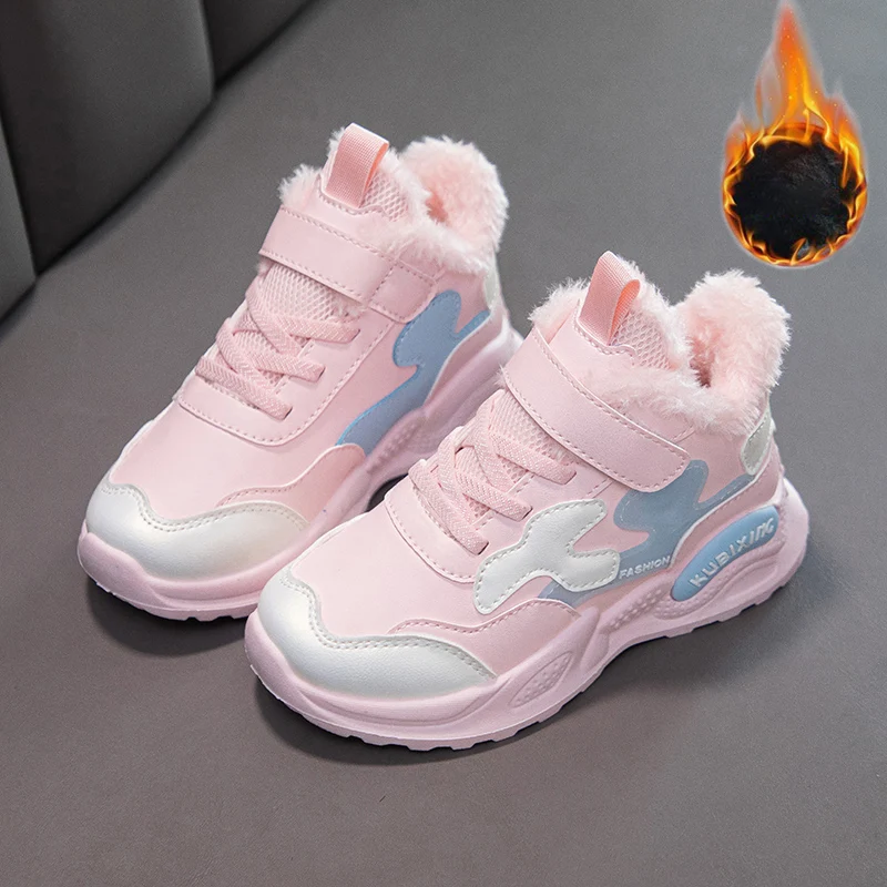 

Зимняя спортивная обувь для детей, хлопковая обувь из искусственной кожи для мальчиков и девочек, нескользящие детские кроссовки для подростков, модная теплая обувь