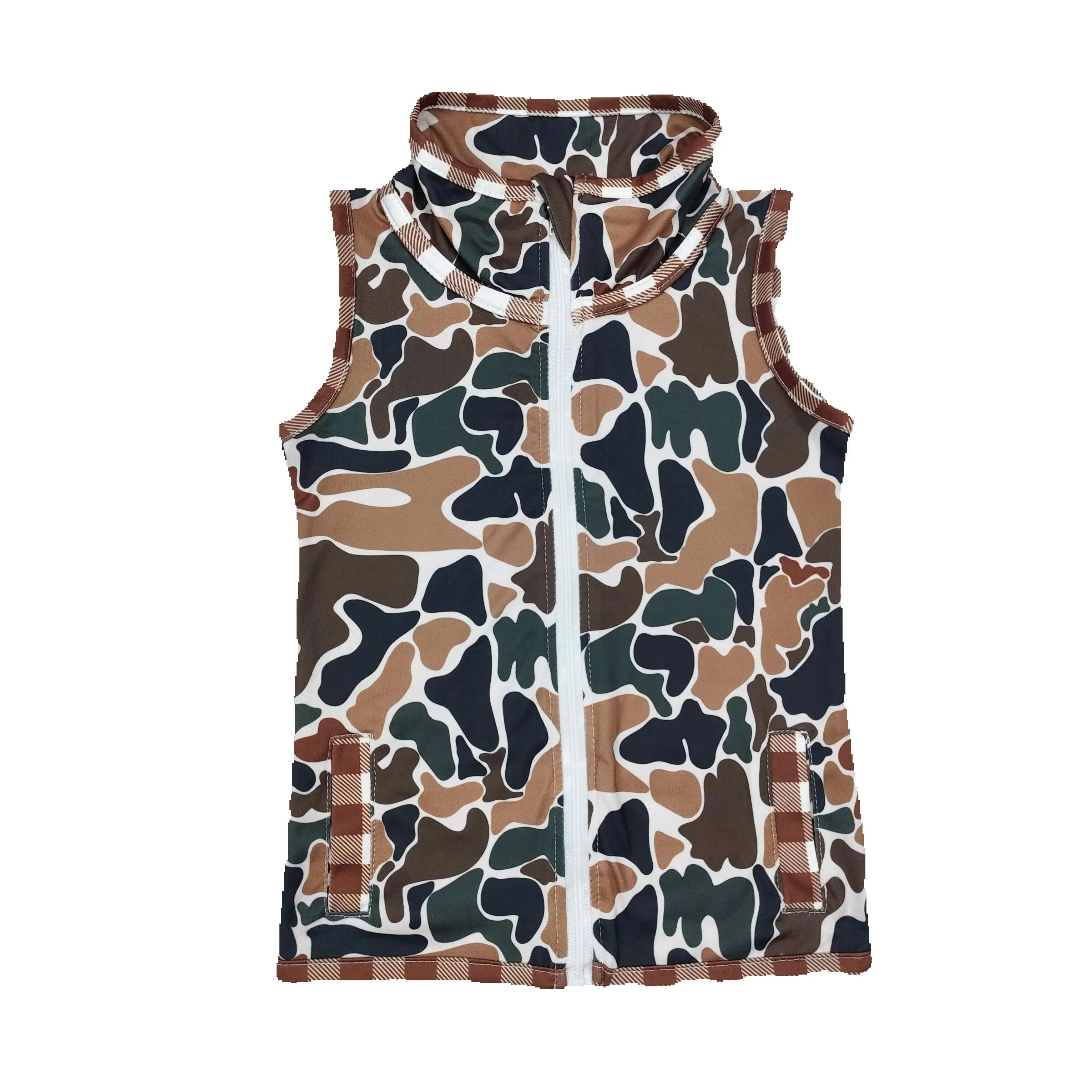 

RTS NO MOQ ETA 5/7days Arrived BT0856 Brown plaid camouflage beige sleeveless zipper vest