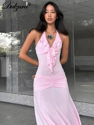 Dulzura Halter Backless Mul-Ruffles Straps Ruched Maxi Dress Sleeveless Ruched 2024 Summer For Women'S Outfits Elegant Sexy