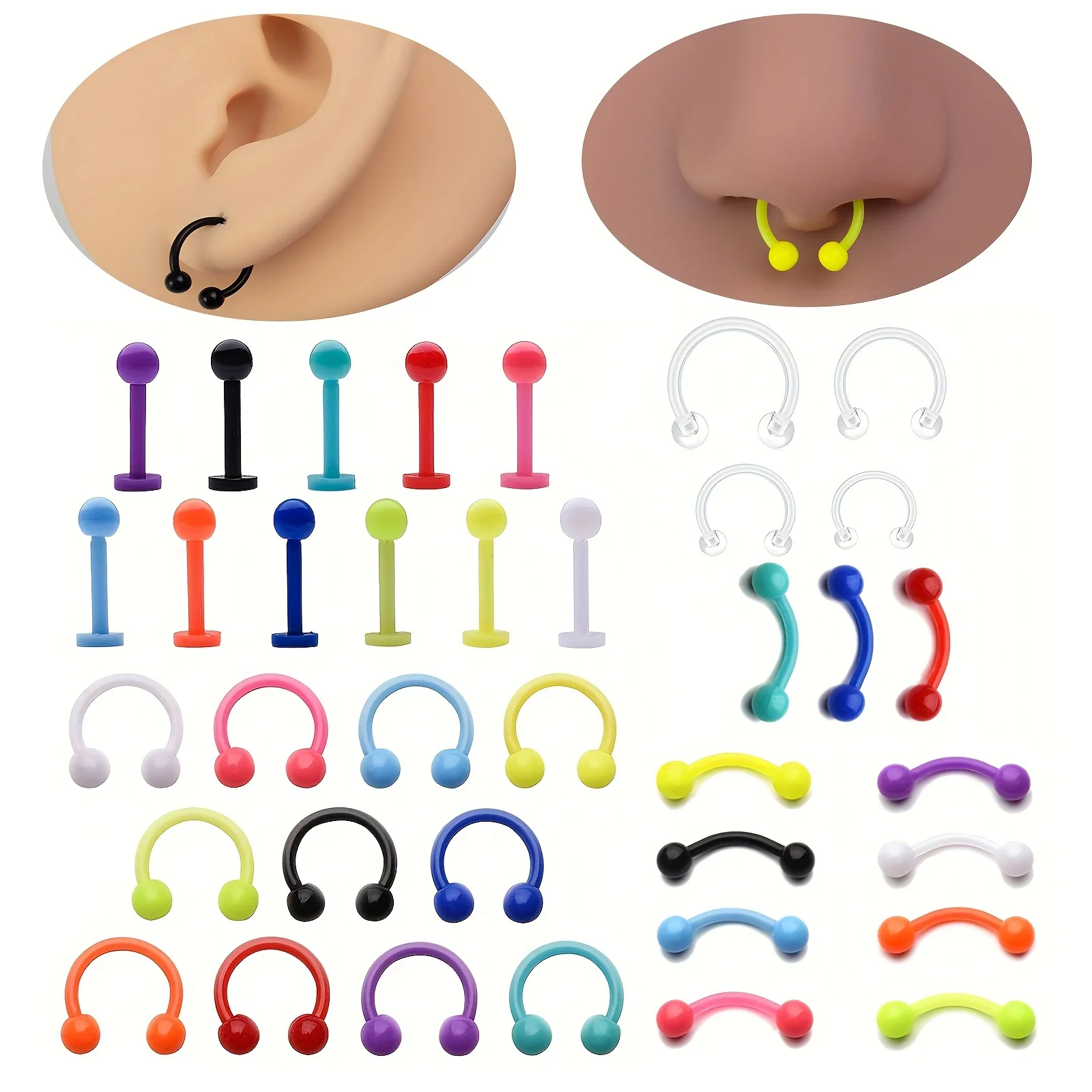 

33pcs/37pcs Plastic Lip Studs Rings 16G Clear Horseshoe Septum Eyebrow Retainers Acrylic Colorful Helix Cartilage Piercing